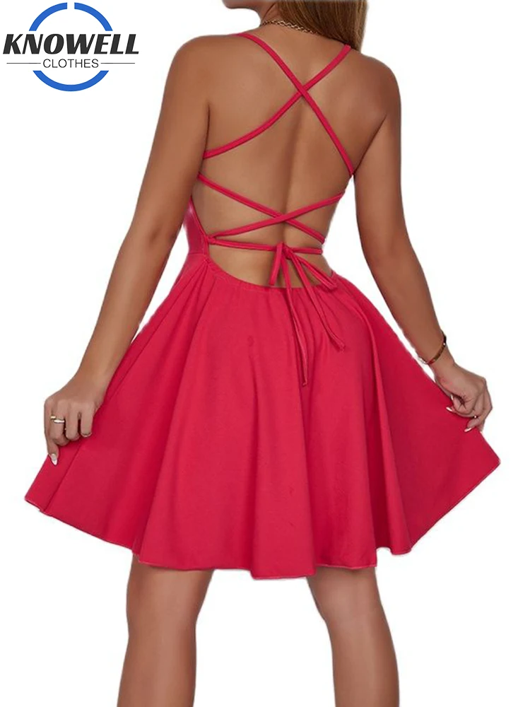 

Knowell Criss Cross Backless Mini Dress Ladies Sleeveless Deep V Neck Low Cut Sexy Bodycon Dresses For Women Solid Red Sundress