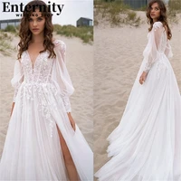 gorgeous v neck beach wedding dresses a line long puff sleeves backless bridal gowns high split robe de mari%c3%a9e %d1%81%d0%b2%d0%b0%d0%b4%d0%b5%d0%b1%d0%bd%d0%be%d0%b5 %d0%bf%d0%bb%d0%b0%d1%82%d1%8c%d0%b5