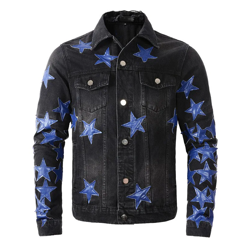 Plus Size Retro Black Distressed Clothing Mens Blue Leather Stars Slim Buttons Pockets Patchwork Ripped Denim Jackets M-4XL