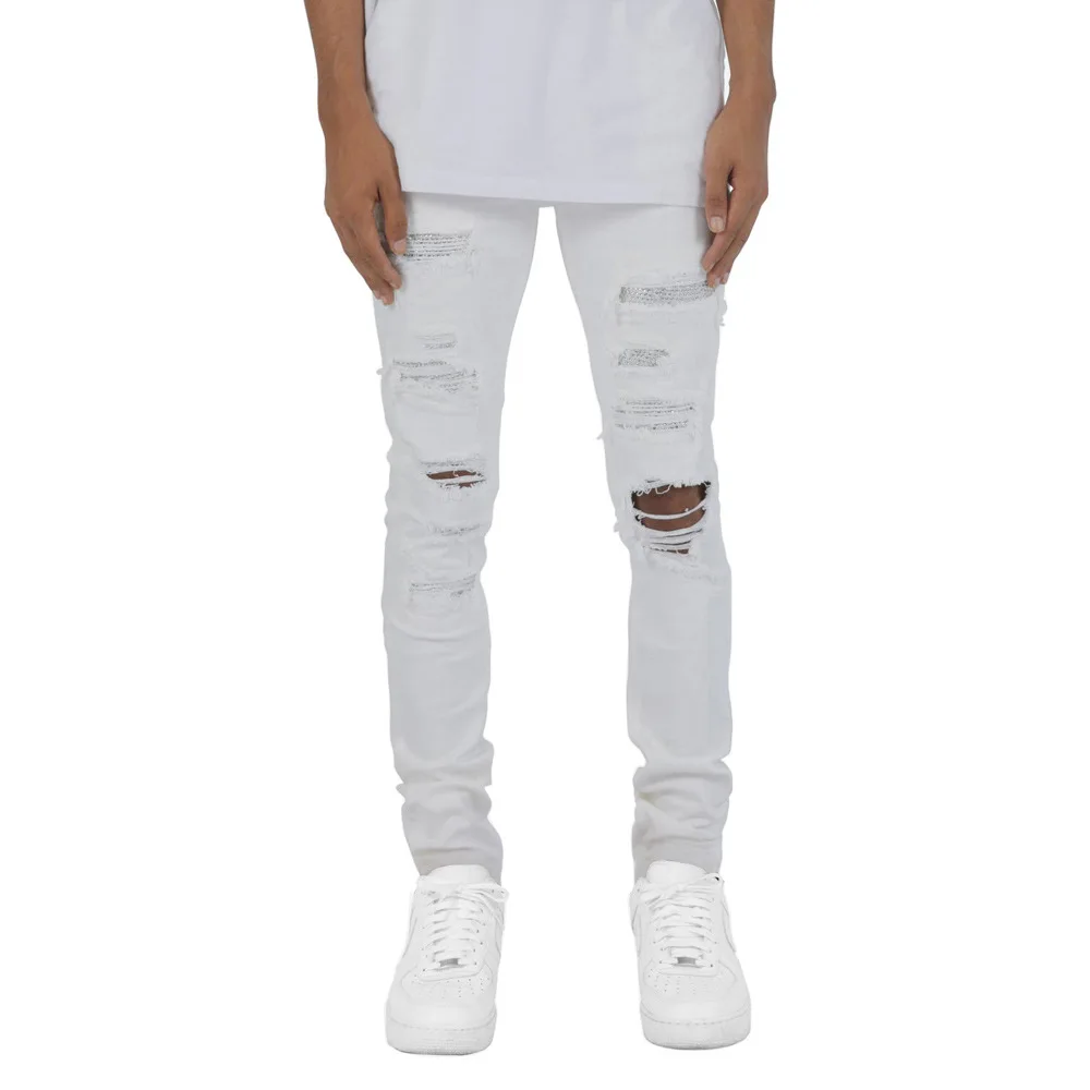 Fashion High Street Hot Drill Hole Washed  Personality Slim Fit Elastic Men'S Jeans Retro Joggers Y2K Pencil Jeans For Men