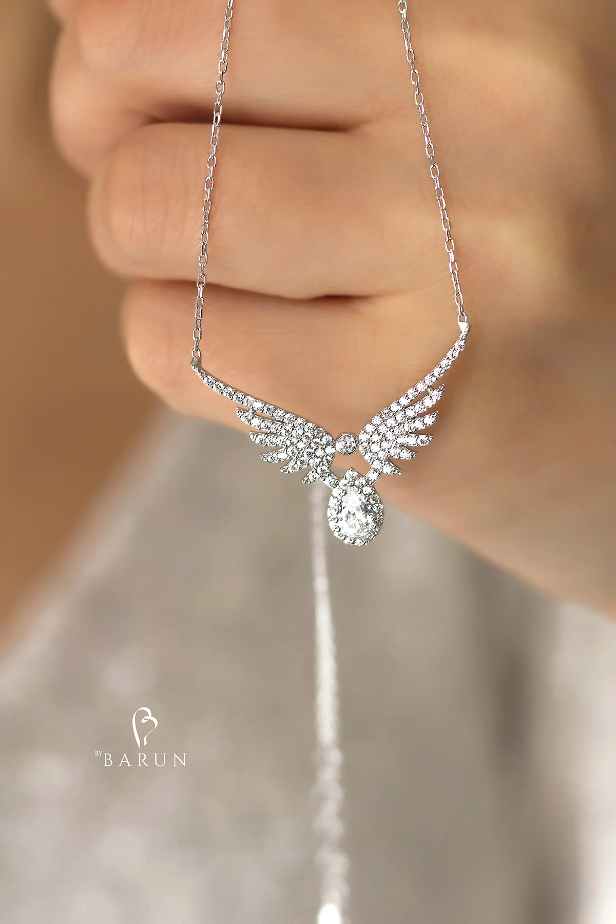

Sparkly Teardrop Angel Wings Necklace, Guardian Angel Necklace Jewelry, Solitaire Sterling Silver Dainty Wings Necklace