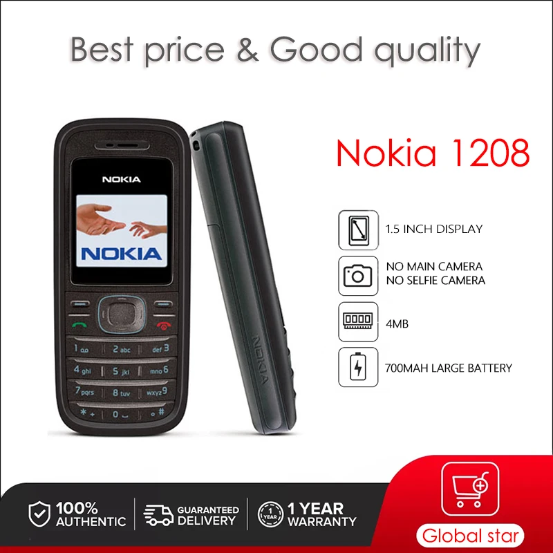 

Оригинальный мобильный телефон Nokia 1208, 1,5 дюйма, 700 мАч, 4 Мб, бесплатная доставка, высокое качество