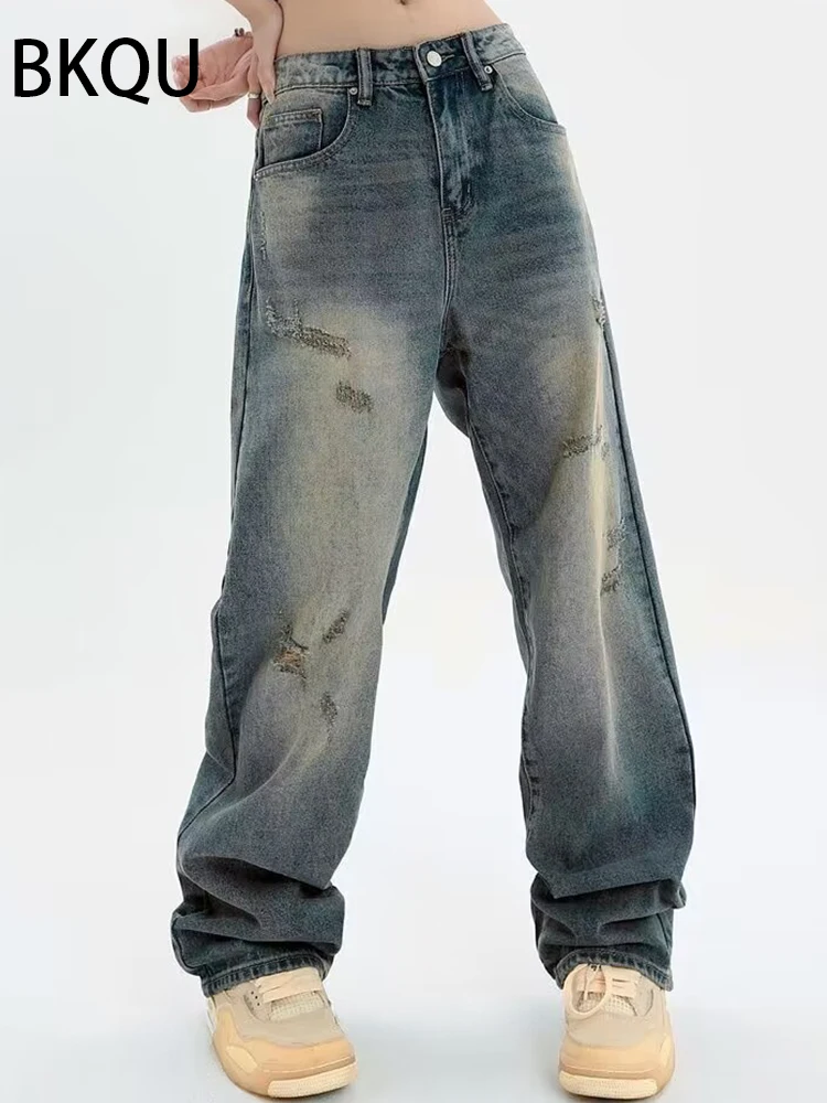 

BKQU Y2K Женские винтажные джинсы с широкими штанинами, женские модные рваные прямые брюки с высокой талией 2023, джинсовые брюки, уличная одежда, фея, гранж