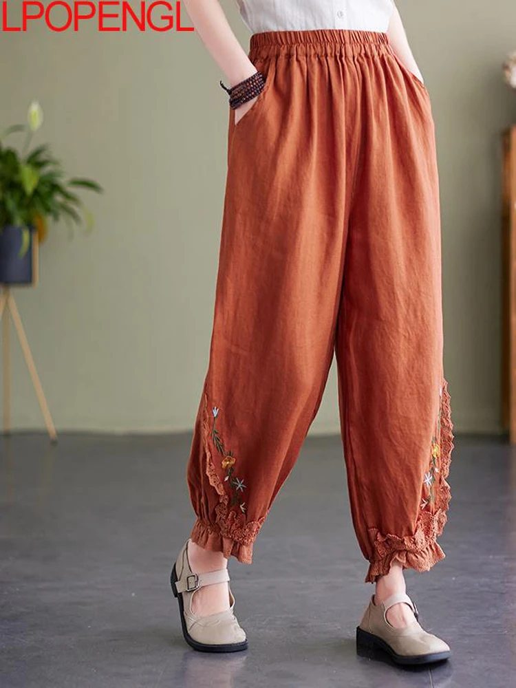 

Indie Folk Cotton And Linen Embroidered Casual Pants Women's Summer Loose Elastic Waist Lace Lace Nine-point Pants Bloomer Pants