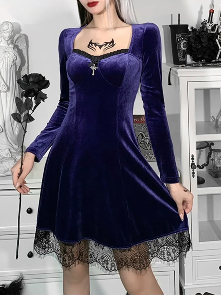 Женское бархатное платье с длинным рукавом высокой талией