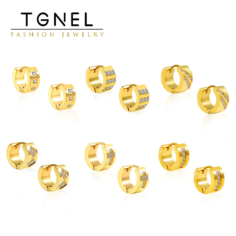 

Fashion Stainless Steel Hoop Earrings Thick With Multiple Cubic Zirconia 13mm High Small Earlobe Cartilage Perforated Earrings