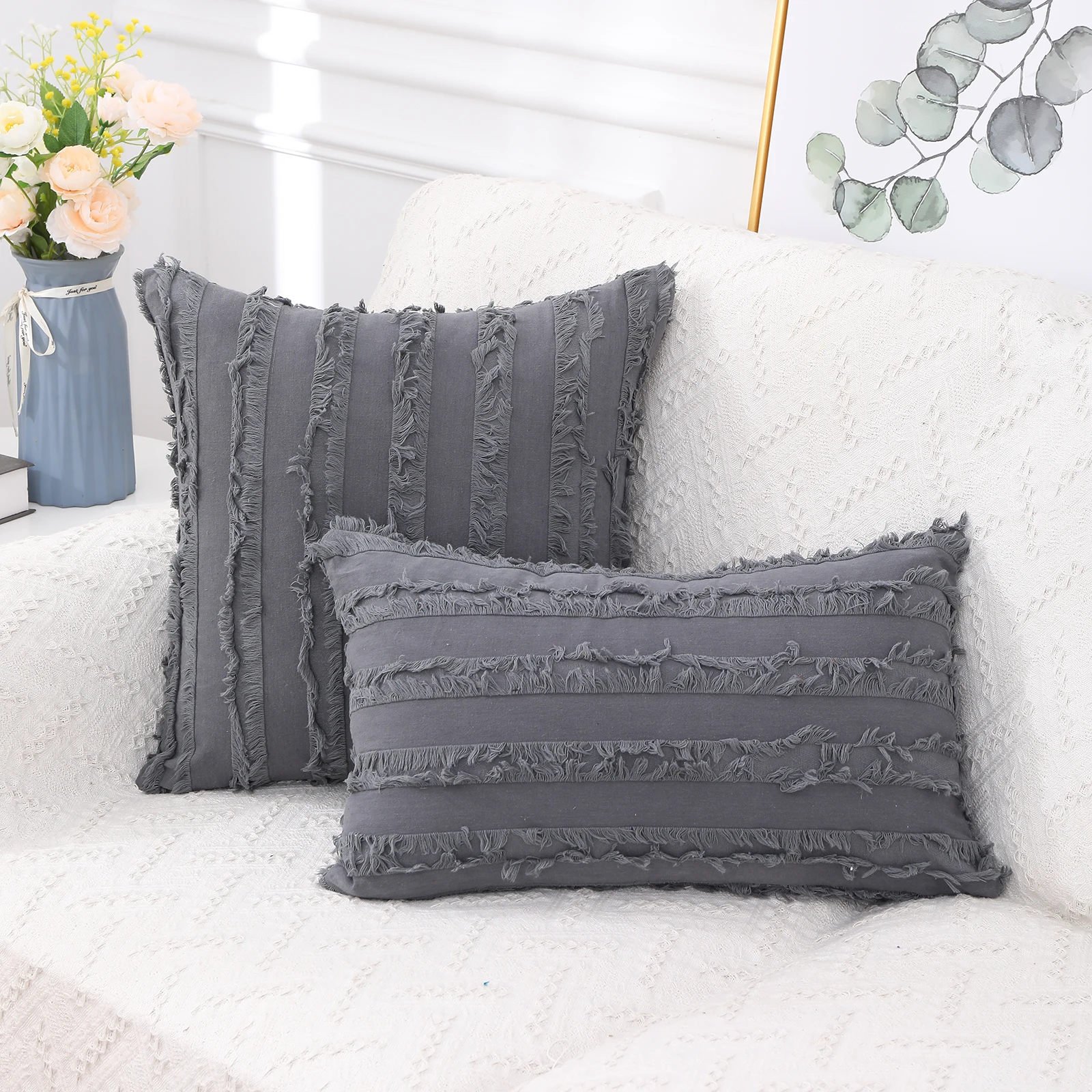 Olanly Decorative Throw Pillow Case For Sofa Bed Car 1Pc Furry Cushion Cover Striped Sleeping Pillowcase Aesthetic Cotton Linen