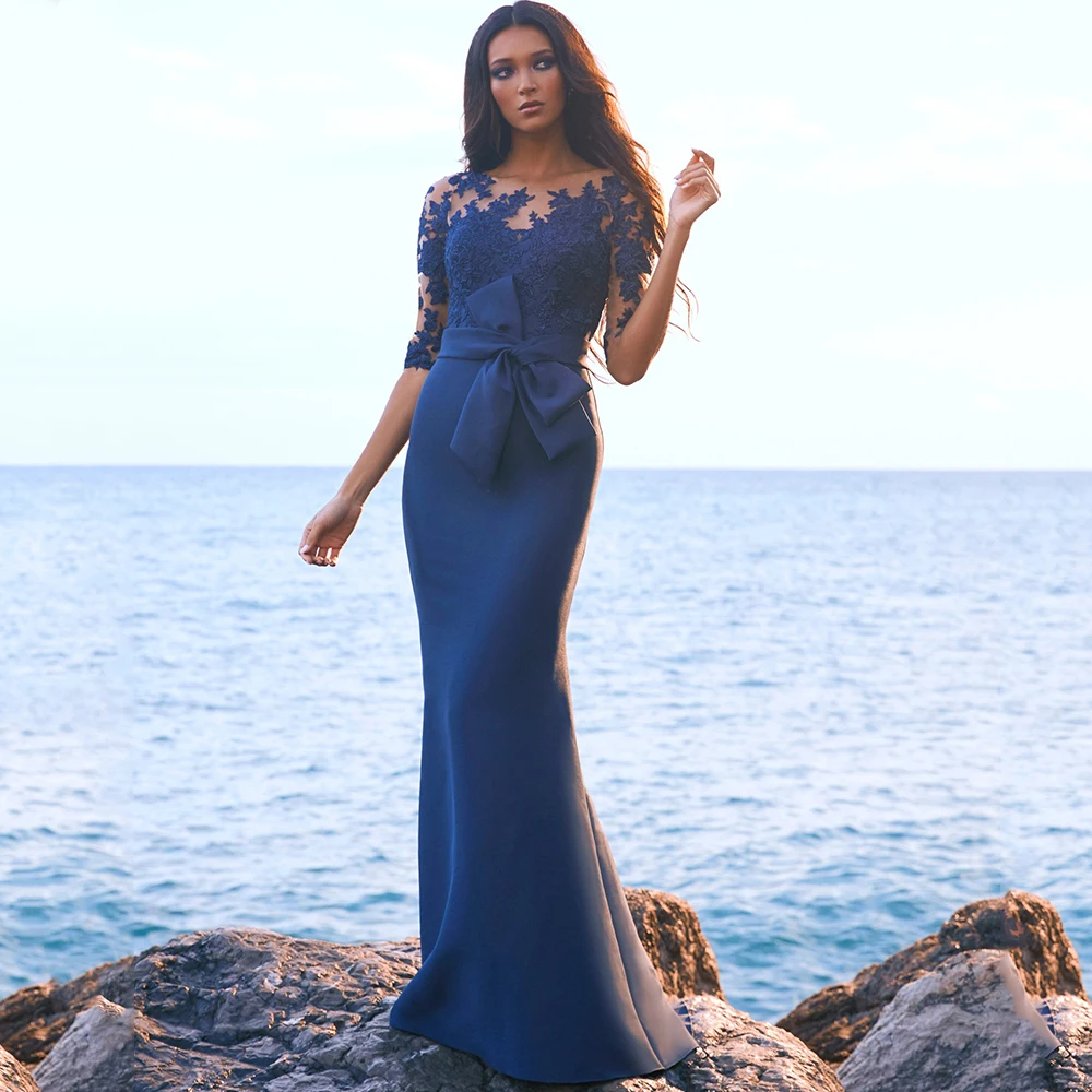 

Elegant Half Sleeve Mermaid Evening Dress Scoop Neck Applique Illusion with Bow Belt Floor Length Women Wedding Party Gowns