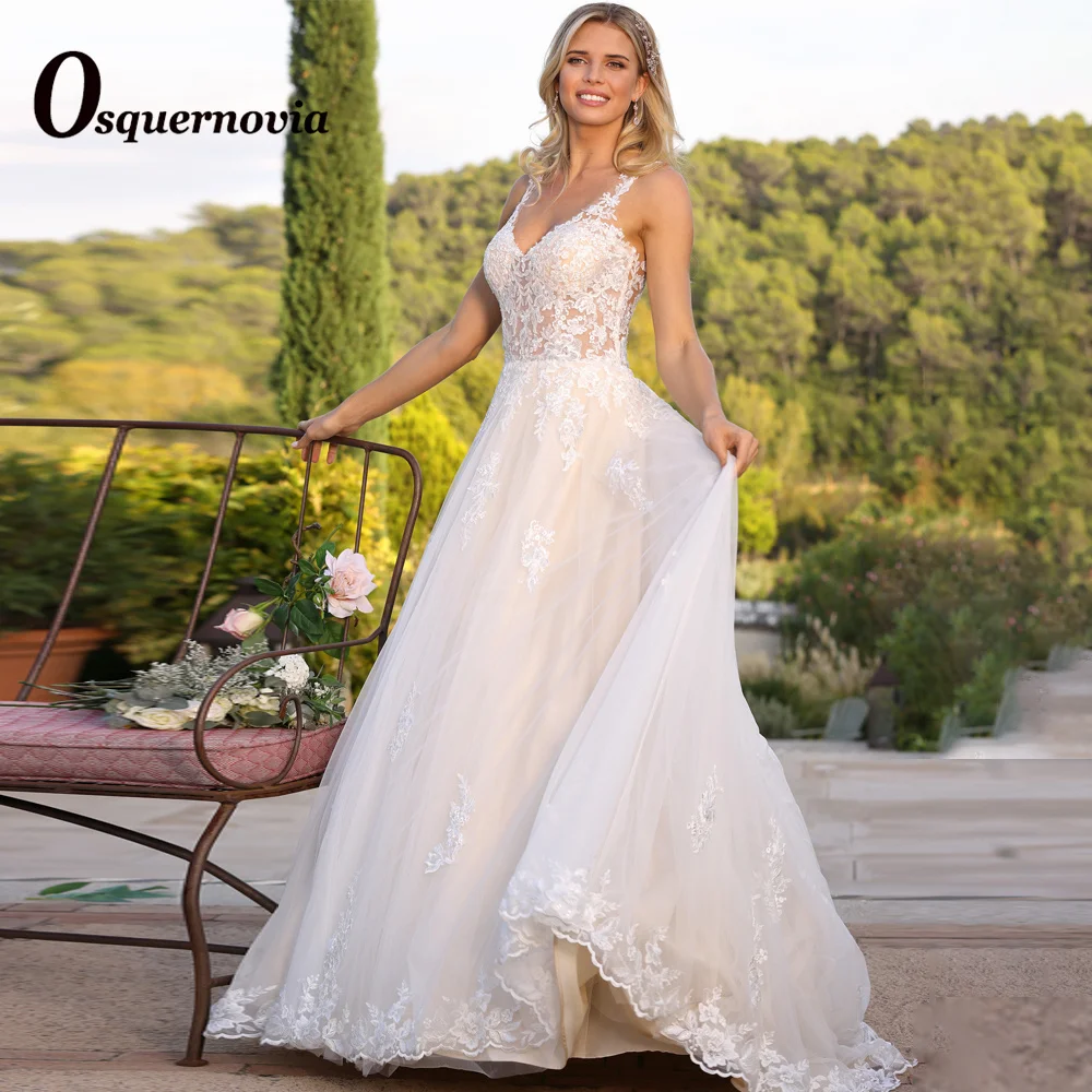 

Osquernovia Wedding Ball Gown V-neck Sleeveless Lace Appliques Tulle Button A-line Illusion 2023 Robe De Mariée Custome Made