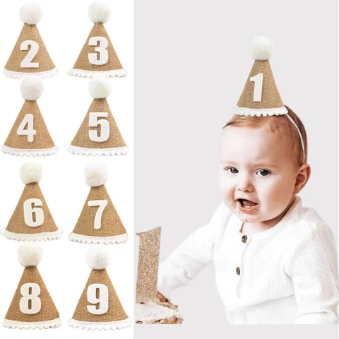 1 шт. шапка на день рождения из мешковины для детей 1, 2, 3, 4, 5, 6, 7, 8, 9 лет, конусообразная шляпа для мальчиков и девочек, повязка на голову, детские украшения для дня рождения, детский подарок