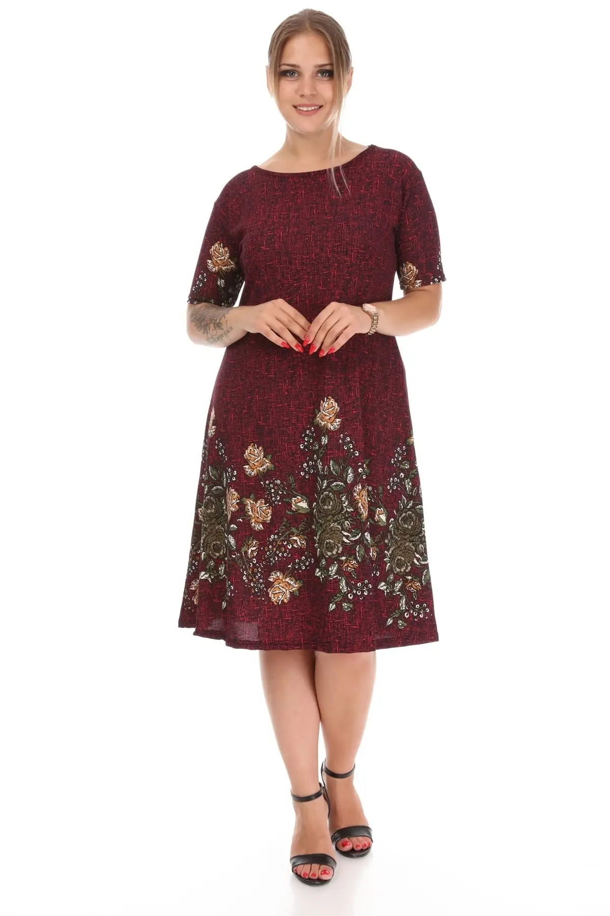 Plus Size Women's Dress Daily Burgundy Short Sleeve Patterned Crepe Round Neck Midi Length Lycra Viscose XL 2XL 3XL 4XL 5XL