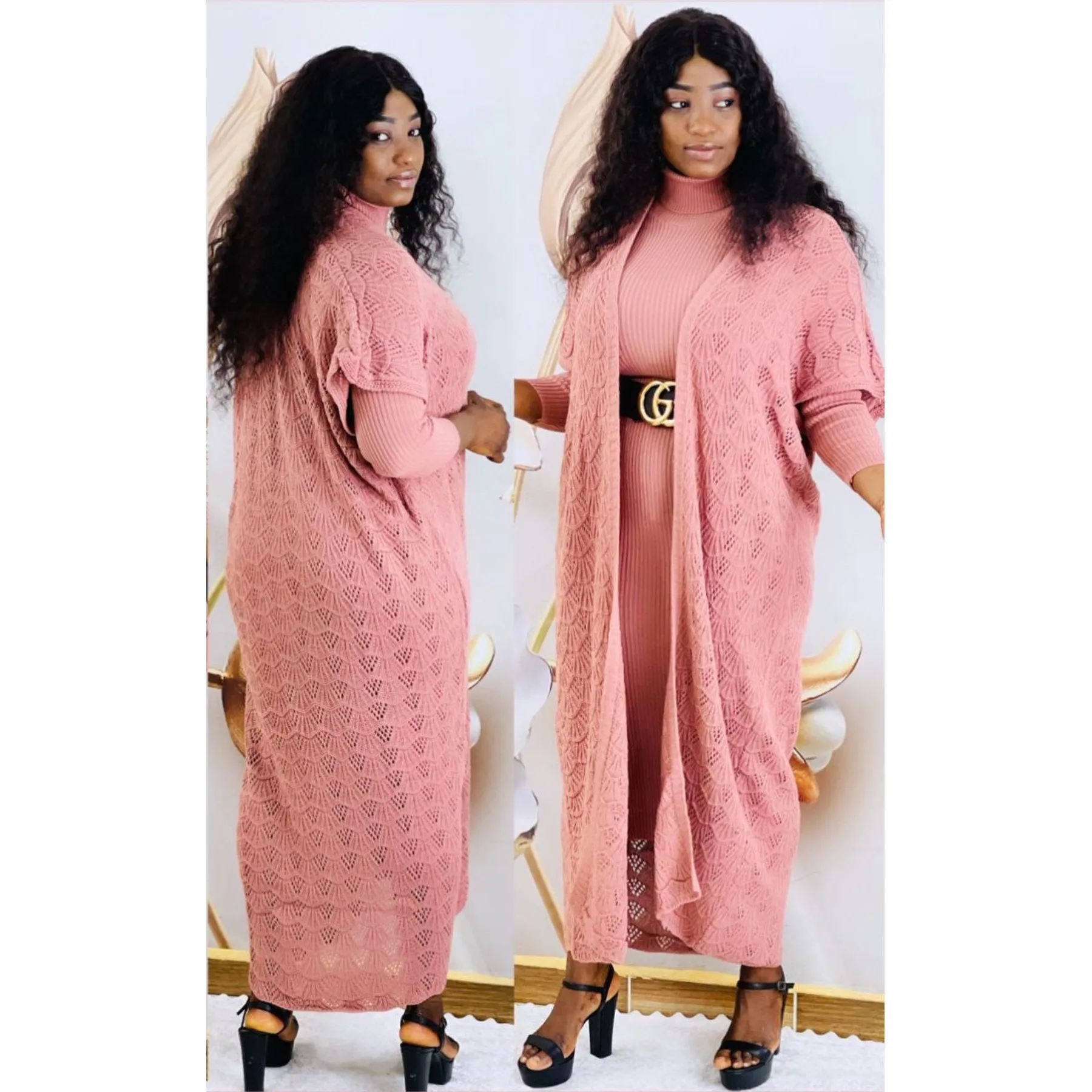

Women’s Two Piece Set Turtleneck Maxi Dress and Lace Patterned Cardigan Women's Suit Outfits Modest Plus Size Dress Sets 2022