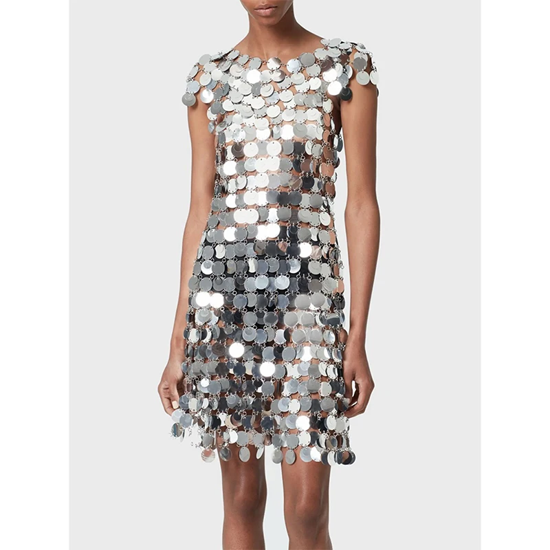 Silver Round Mirror Chainmail Party Everning Dresses Women's Metallic Sequin Chain Disc Mini Dress
