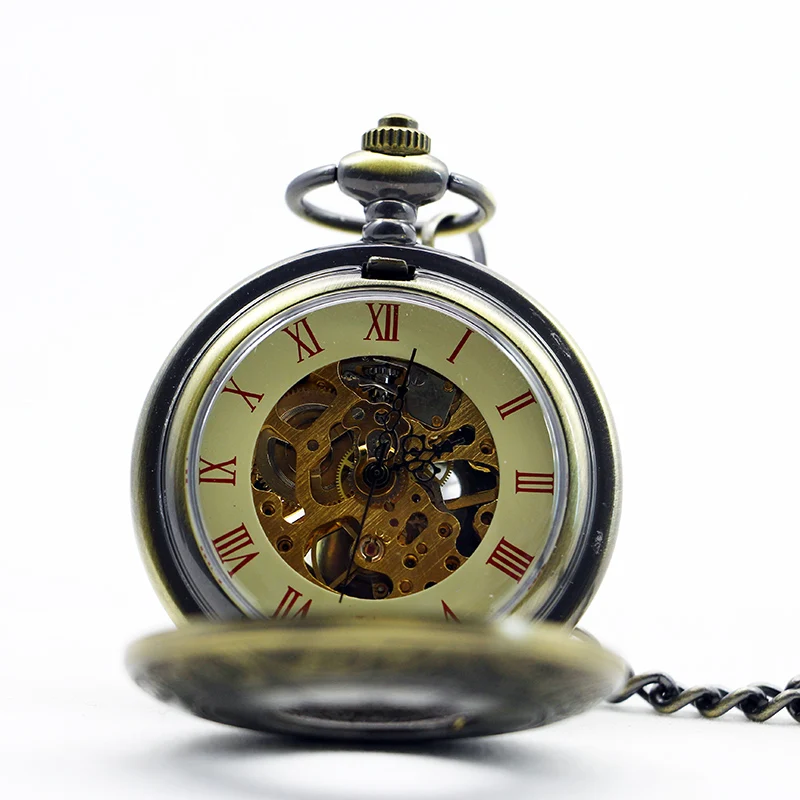 Vintage Roman Mechanical Pocket Watch Hollow Case Hand Wind Casual Fashion Watch Necklace Pendant With FOB Chain Gift relogio