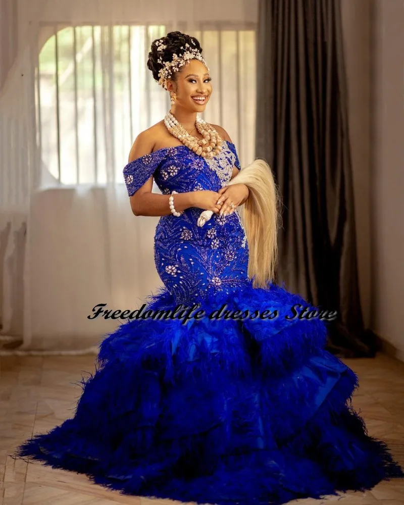 

Traditional African Royal Blue Wedding Reception Dresses Feathers Crystal Mermaid Prom Dress Nigerian Bride Party Evening Gowns