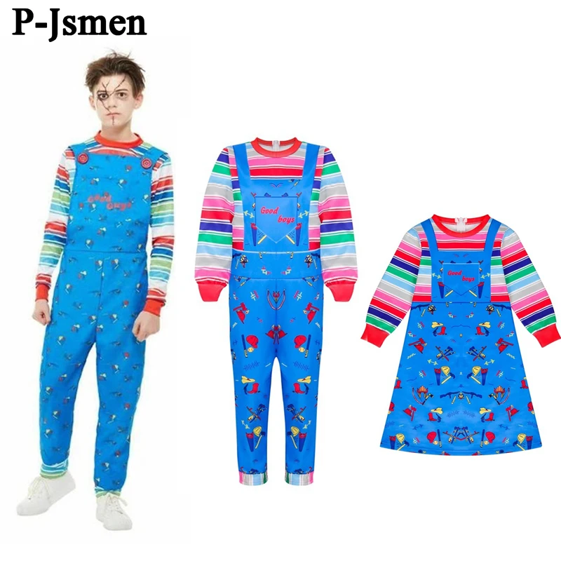 P-Jsmen Children Role-playing Chucky Cosplay Costume Cartoon Horror Ghost Doll Jumpsuits bodysuit Halloween Funny Party for Kids