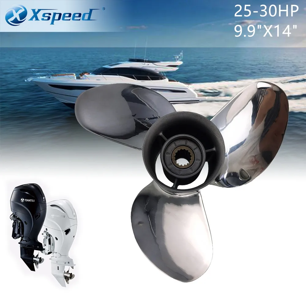 Xspeed Boat Propeller 25HP 30HP Propeller 9.9X14 Fit Tohatsu Outboard Engines 10 Tooth Spline Stainless Steel