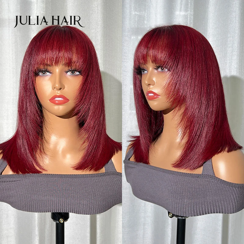 Julia Hair Wolf Cut Burgundy Bob Wig With Bangs Pre Plucked Hairline 13x4 Lace Frontal Human Hair Wig With Baby Hair For Women