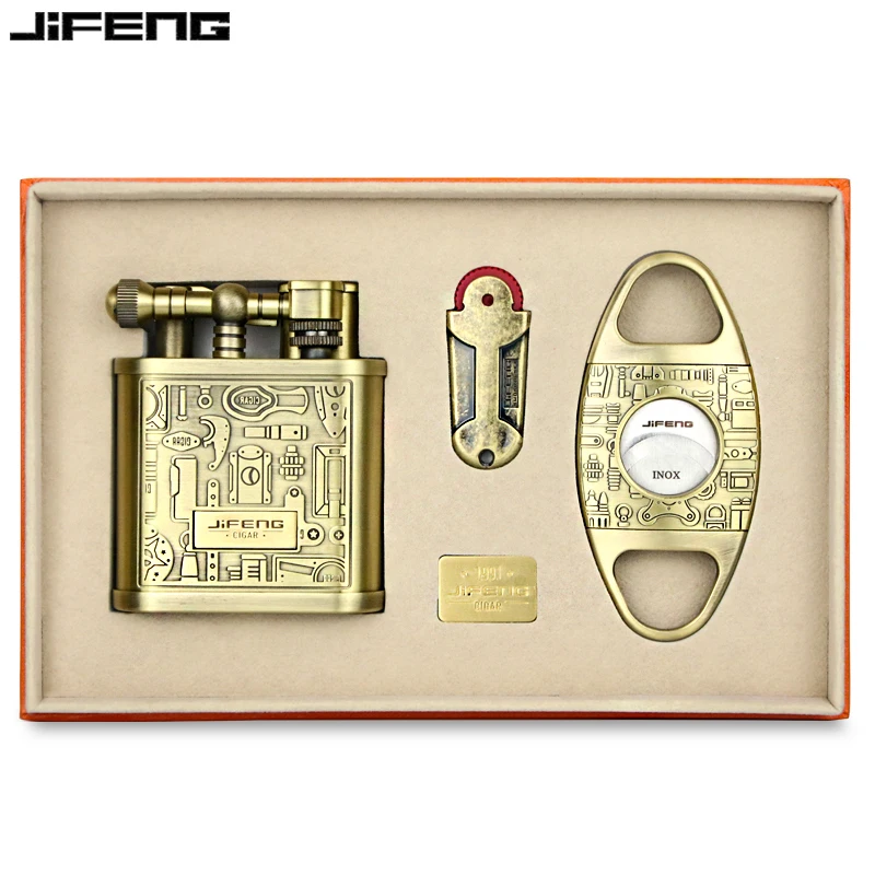 

JIFENG Cigar Set Open Flame Straight Lighter Sharp Relief Krupp Stainless Steel Cigar Cutter Flint Gift Box Set