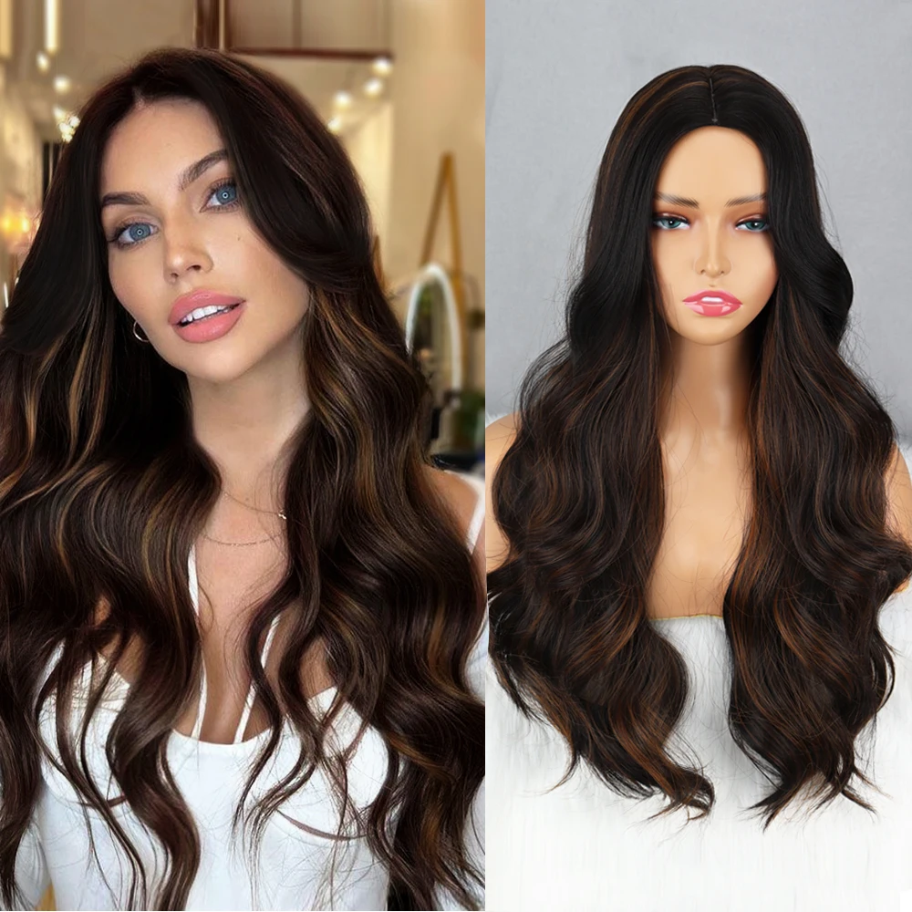 

Brown Light Blonde mixed colorLong Wavy Wig Mid Part Wave Thermal Synthetic Fiber Natural Hria Heat Resistant Women's Daily Wear