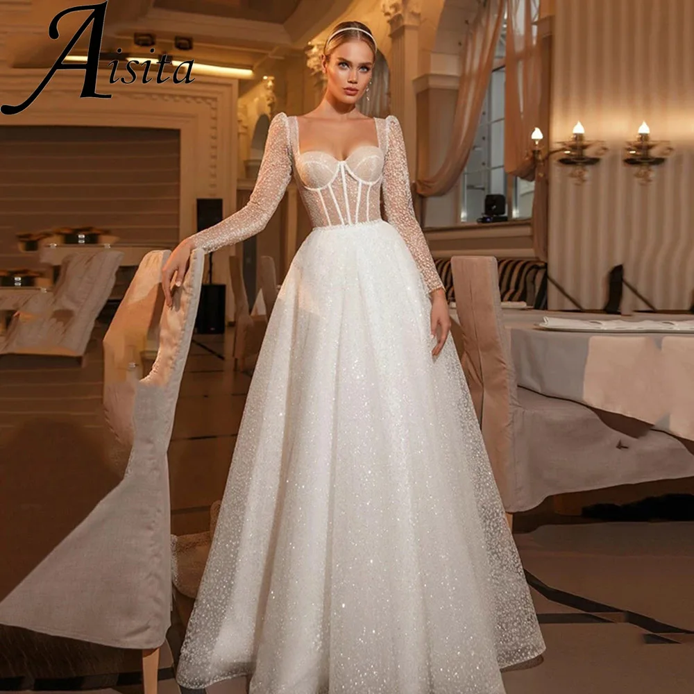 

Twinkling Sweetheart Wedding Dresses Illusion Sleeves Shiny Bridal Gown Sequin Backless Sweep Train Glitter Vestidos De Novia