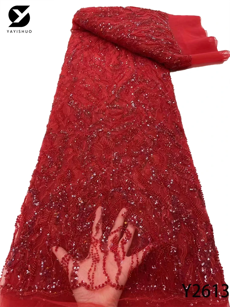 

2022 новейшая французская кружевная ткань ручной работы с бисером, африканская сетка с блестками, кружевная ткань для свадебного платья Y2613