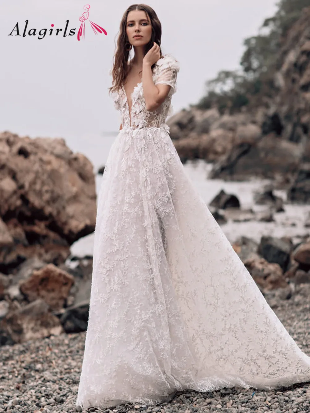 

Romantic Bohemian Short sleeves Boho V-Neck Wedding Dress 3D Flower Lace Plus Size Bridal Gowns Bride Dress Vestido De Noiva