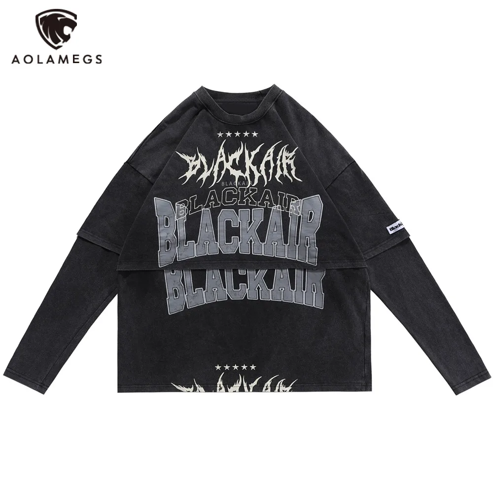 

Aolamegs Men's Oversized Sweatshirt Retro Letter Graphic Print Solid Color Fake Two Long Sleeves Pullover Hip Hop Men Streetwear