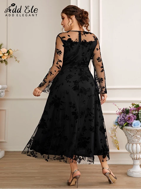 Add Elegant 2022 Autumn Plus Size Flower Mesh Cover Dresses for Women Flare Sleeve Sweet Female O Neck Waist Midi Dress B1095 5