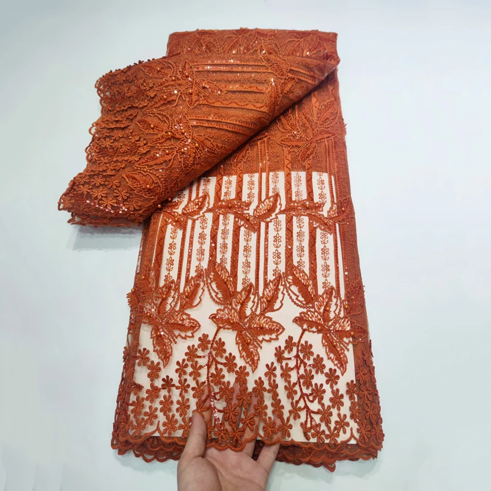 

High Quality 5 Yards African Sequins French Net Beaded Lace Fabric Embroidery For Nigerian Big Occasions