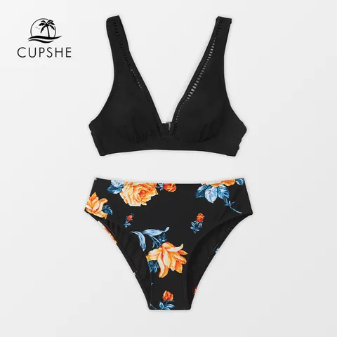 Cupshe бикини черное с цветочным принтом