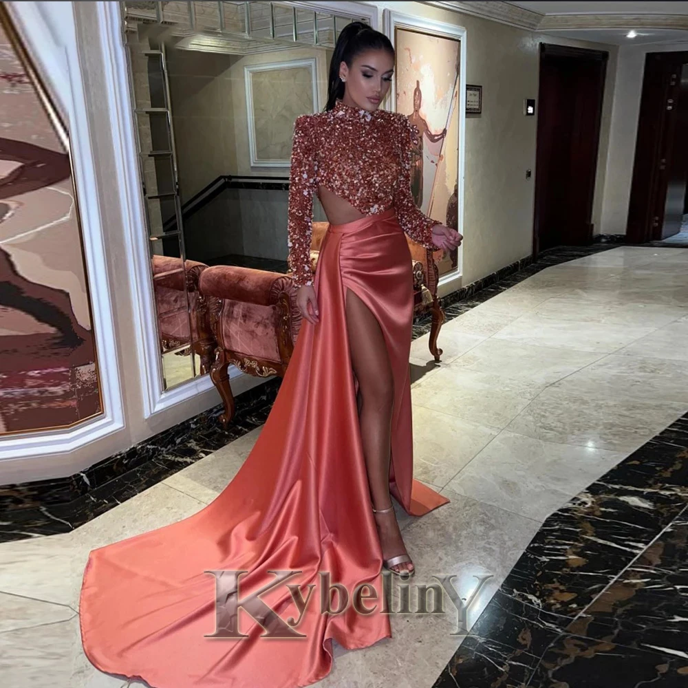 

Kybeliny Sexy Evening Dress Sequined Beaded Satin Prom Gown High Side Slit Long Formal Arabic Party Robes De Soirée Custom Made