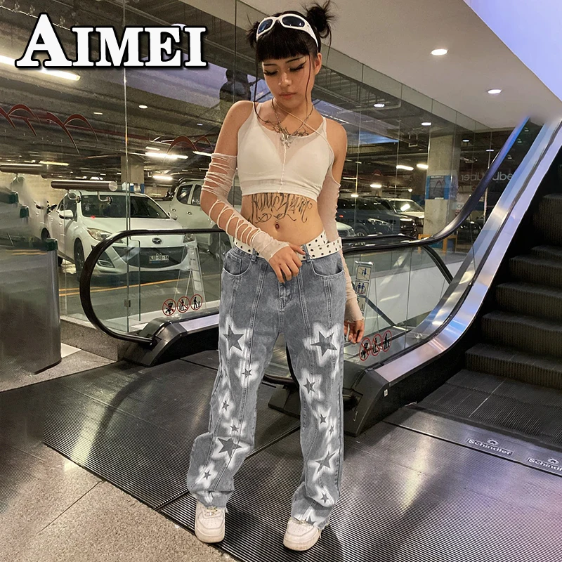 

Женские уличные джинсы Y2K, свободные повседневные Прямые Широкие джинсовые брюки в стиле ретро, узкие облегающие джинсы со звездой Y2K, тренд Traf 2023