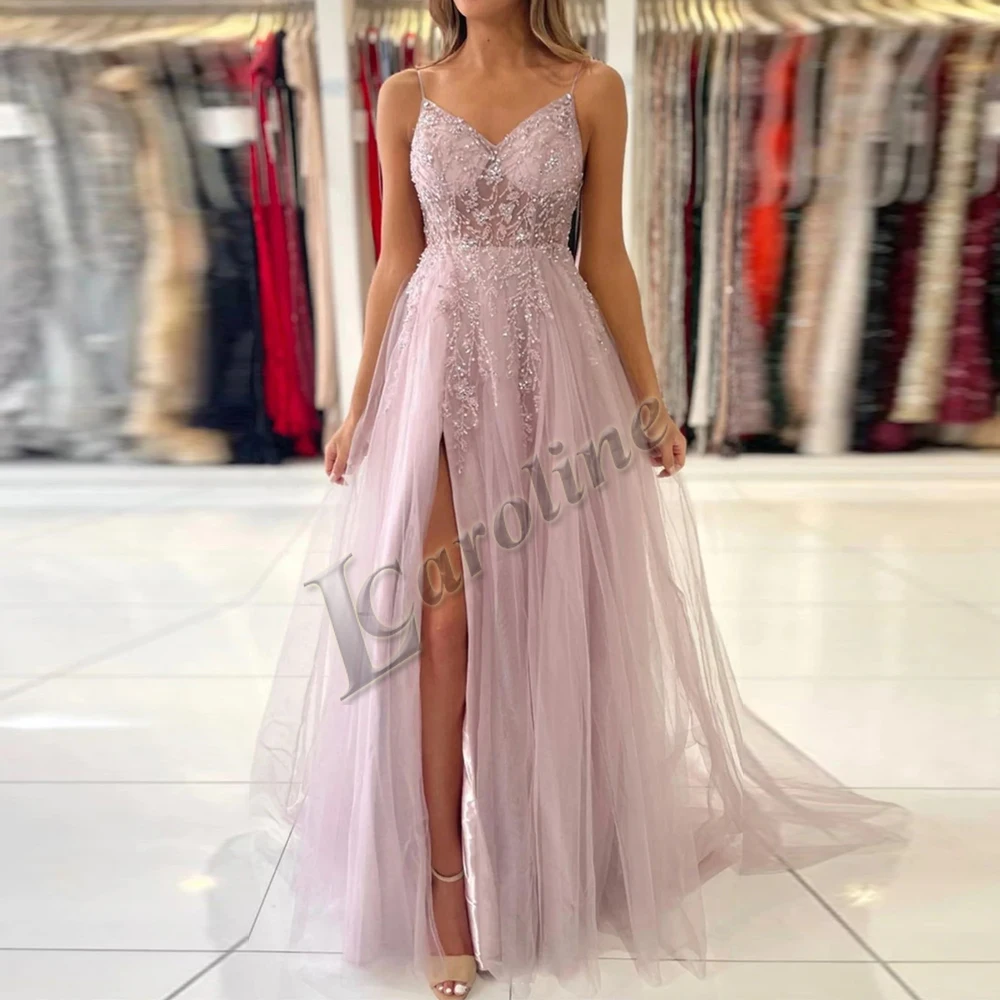 

Caroline Nude Pink Beading Crystal Sequins Evening Dress Sleeveless A-line Side Slit Prom Gowns Party Made To Order Abendkleider