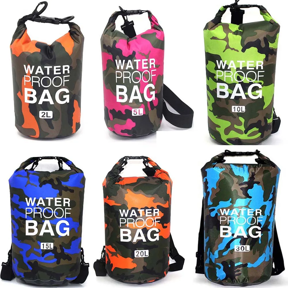 Waterproof Dry Bag Foldable Man Women Beach PVC 30L Swimming Bag Rafting River Ocean Backpack Camo Outdoor Diving Storag Bags