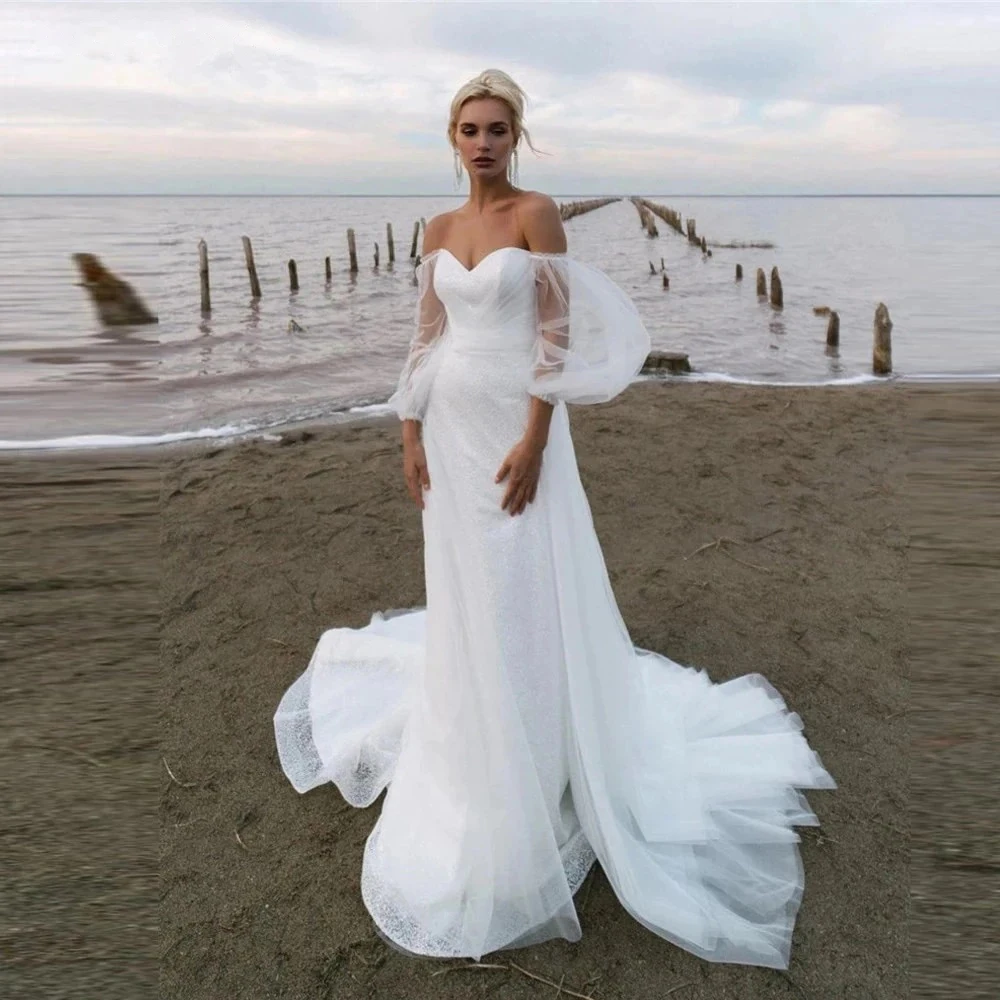 

Sexy Sparkly Sequin A Line Beach Wedding Dresses Puff Long Sleeves Sweetheart Tulle Backless Bride Wedding Dresses C2618