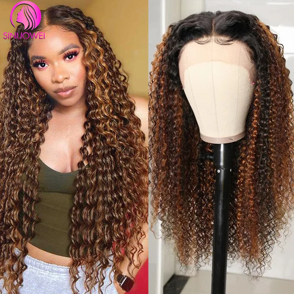 Transparent Highlight Human Hair Kinky Curly Lace Front Wig For Woman Human Hair 13x4 4x4 Lace Frontal Wigs Colored Closure