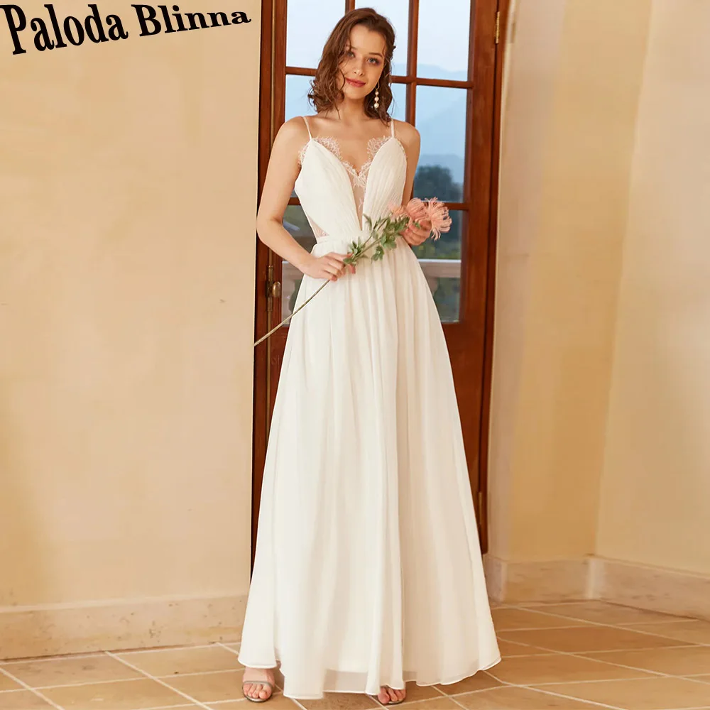 

Paloda Floor Length Simple Wedding Dresses For Women A-LINE Lace Pleat Chiffon V-Neck Spaghetti Straps Backless Sleeveless