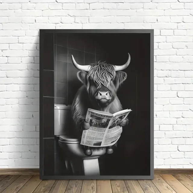 Cute and Funny Poster Cow on a Toilet Canvas Painting Bubble Bath and Wine Prints Black and White Wall Art Home Bathroom Decor 1