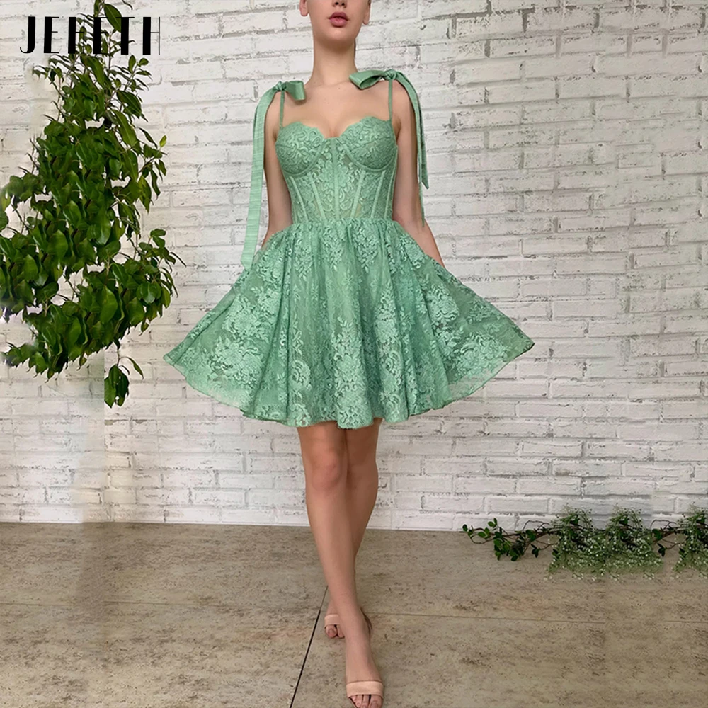 

JEHETH Green Flower Lace Sweetheart Mini Prom Dress Homecoming Spaghetti Strap A-Line Backless Party Evening Gown Robes De Soiré