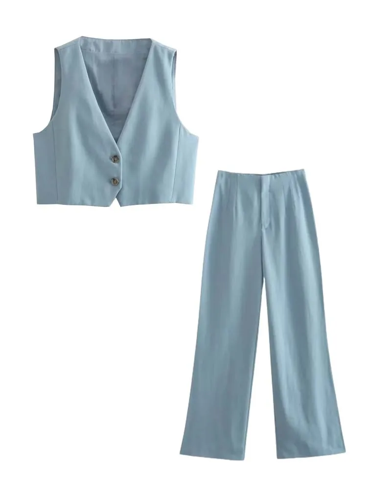 

KLKXMYT TRAF Set Woman 2 Pieces Vest Sets Fashion Suit Linen Vest + Straight Pants Causal Two Piece Sets Womens Outifits