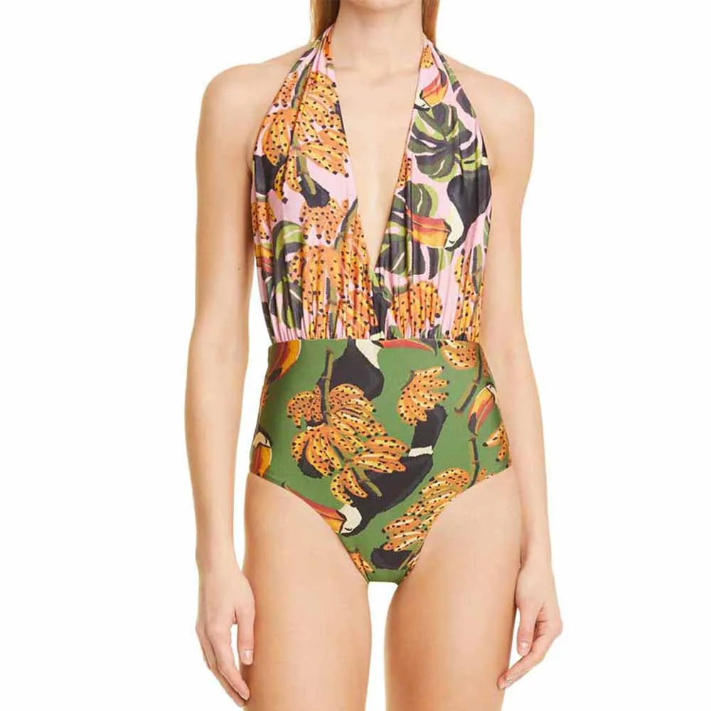 

Sexy Printed Bikini Vintage Luxury Bathing Suit One Piece Lace Up String Backless Swimsuit Bandage summer Halter Beachwear