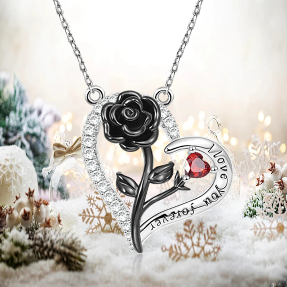 

Exquisite Heart Shaped Black Rose Pendant Red Crystal Necklace for Women Romantic Lady Necklace Engagement Wedding Jewelry Gifts