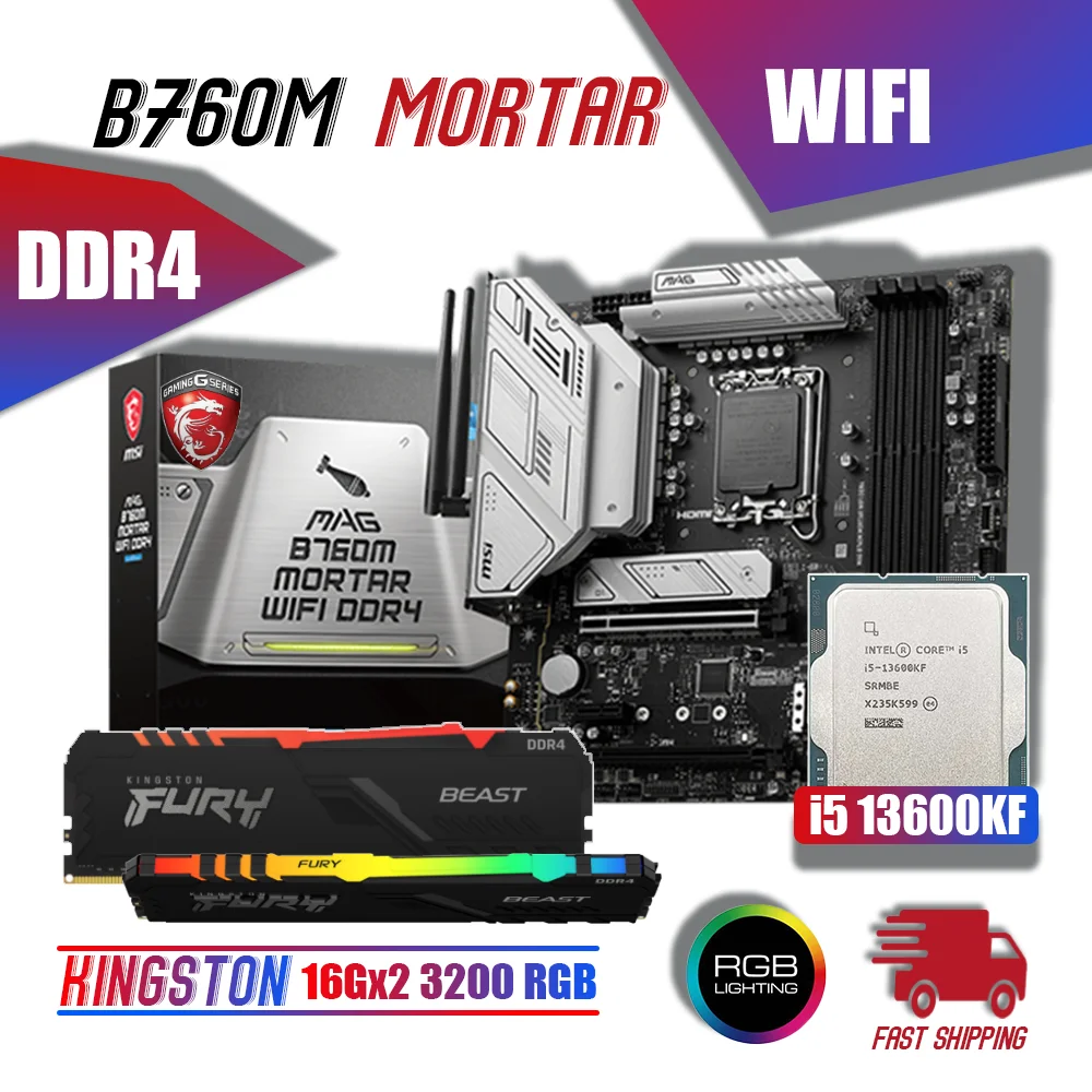 

MSI MAG B760M MORTAR WIFI DDR4 LGA1700 Motherboard With Intel Core i5 13600KF Processor Kit Kingston DDR4 RGB 3200MHz 32G Memory