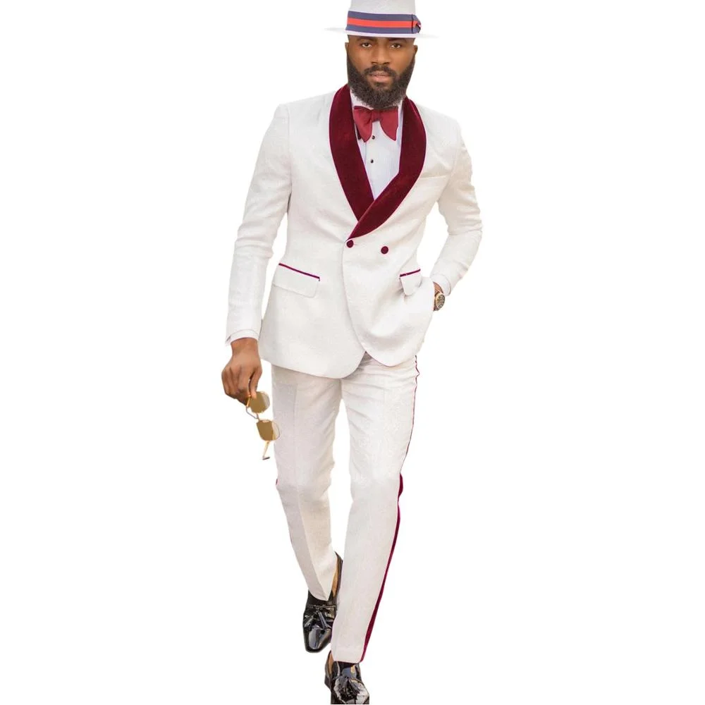 

New Design Double Breasted Groomsmen Burgundy Pattern Groom Tuxedo Shawl Velvet Lapel Men's Wedding Suit (Jacket+Pants+Tie)
