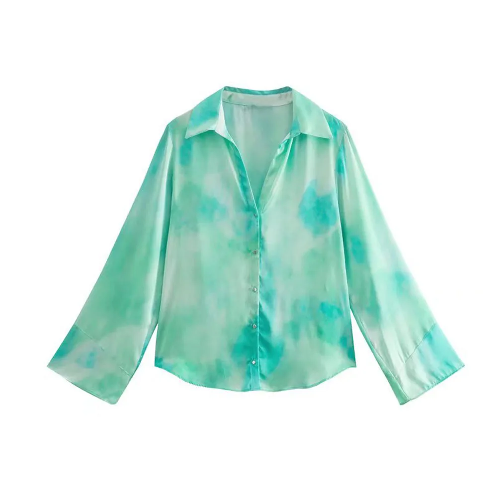 

Zach AiIsa summer new fashion temperament polo collar long-sleeved tie-dye satin comfortable texture drape shirt