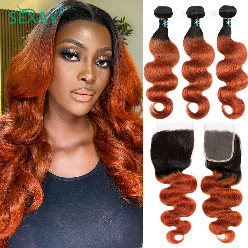 Sexay 1B #350 Ginger Hair Bundles With Closure Short Peruvian Body Wave Ombre Human Hair Weave And 4x4 Lace Closures Baby Hair
