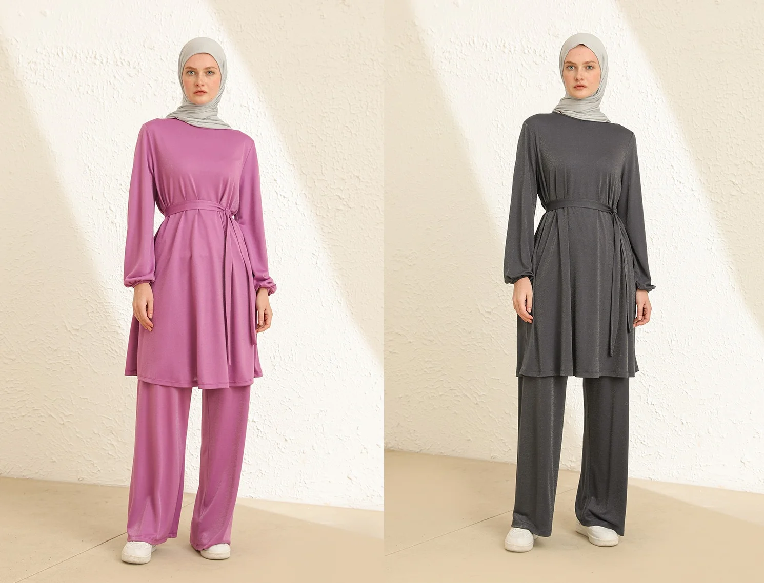 

New Season Muslim Female plain simple belt unlined long fitted sleeve blouse beli rubber unlined pants twinset fashion elegant bone