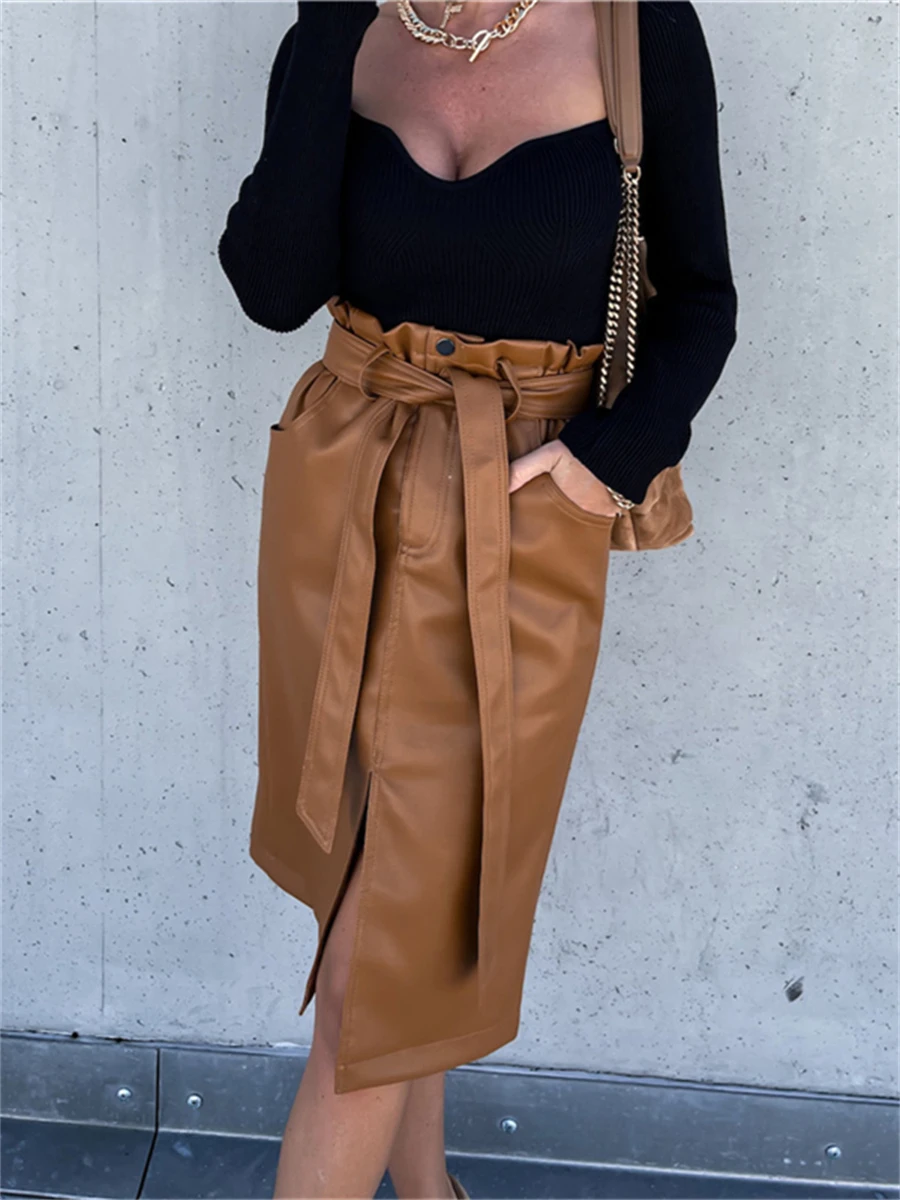 Женская офисная юбка wsevypo с завышенной талией и разрезом модные элегантные