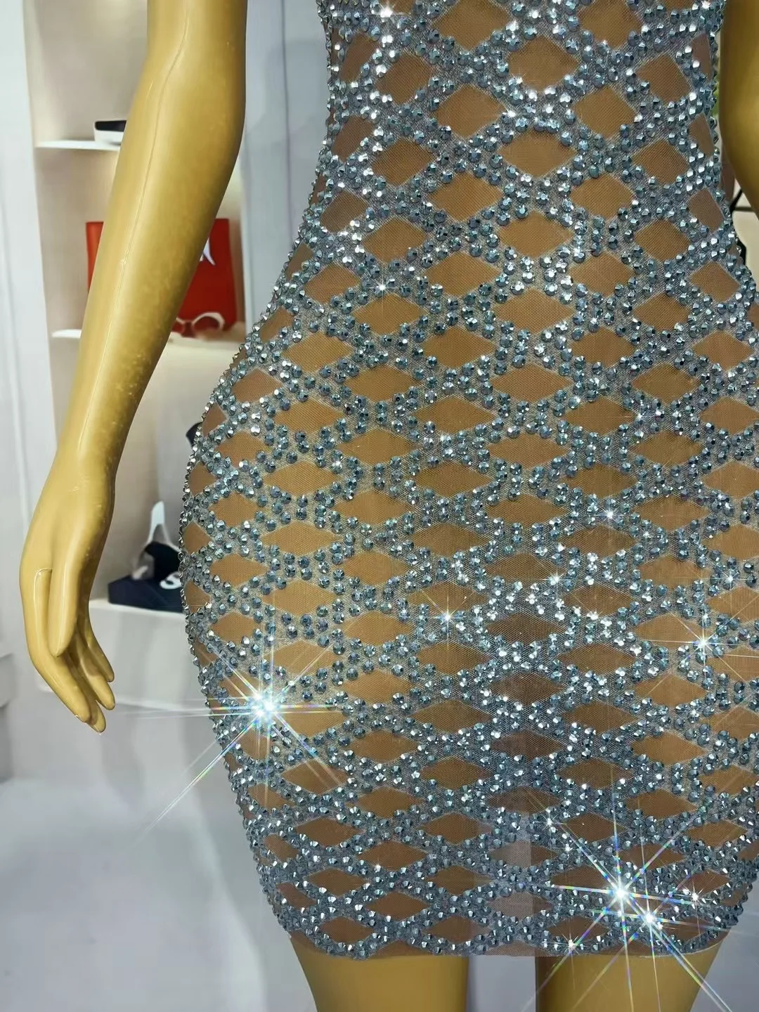2024 Sexy Sleeveless Mini Dress For Women Diamond Fashion Perspective Nightclub Outfit Stage Costume Evening Party Dresses